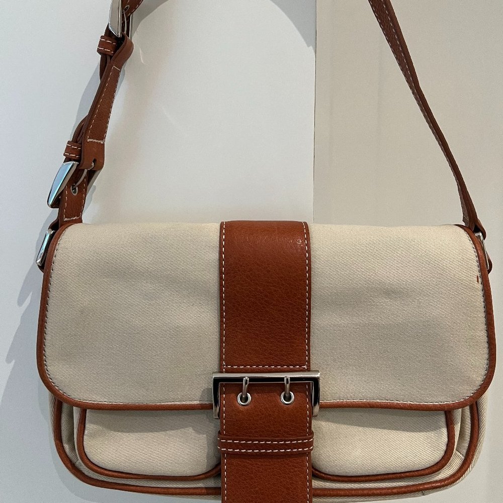 EXPRESS Cream Canvas With Brown Leather Straps Shoulder Bag